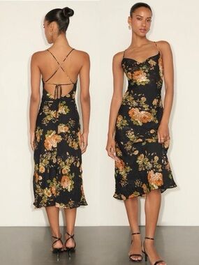 NWT Lulu’s Petal Prowess Black Floral Print Lace-Up Cowl Midi Dress Size XXS